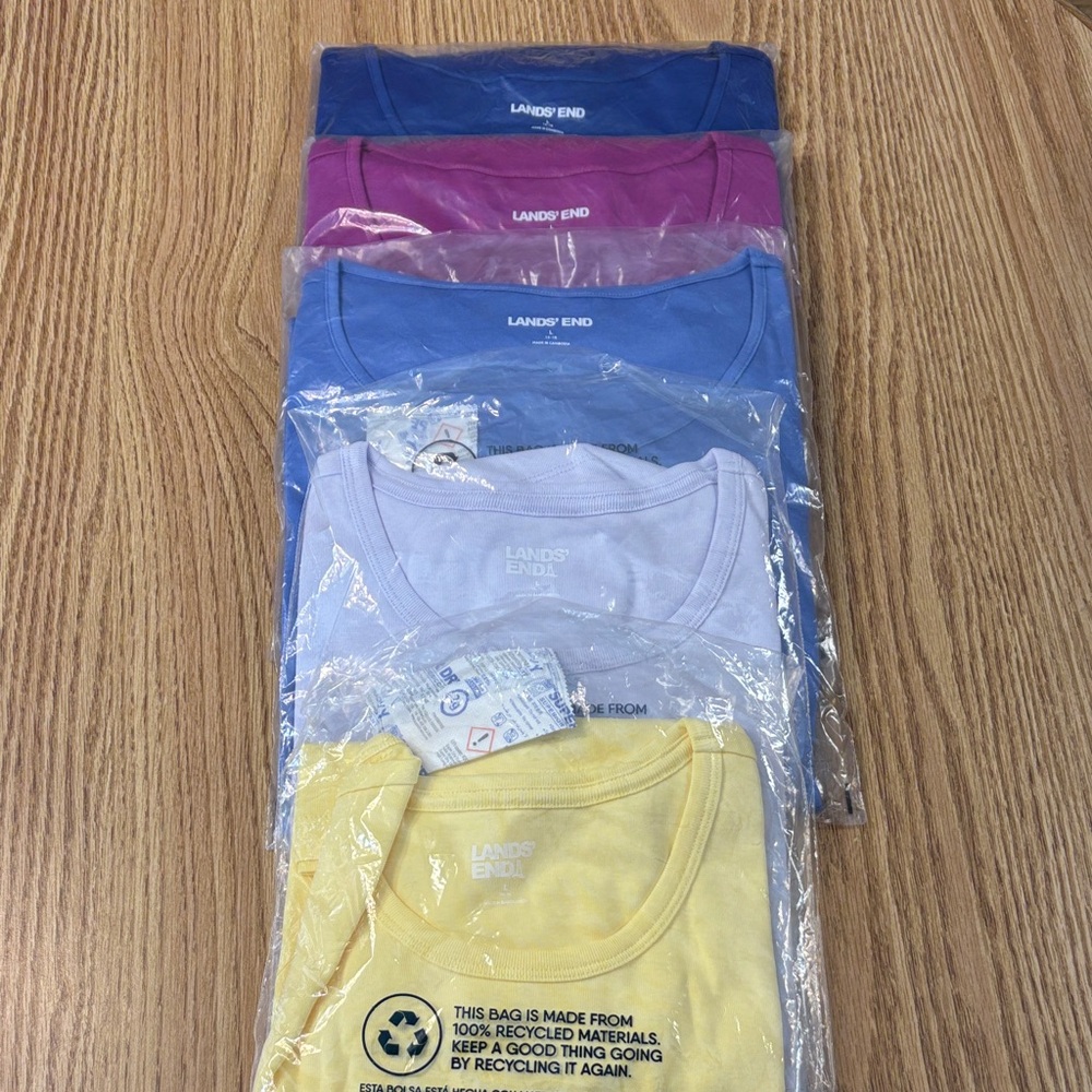 5 spring colors lands end short sleeve jewel neck tees size large 14-16 NWT
